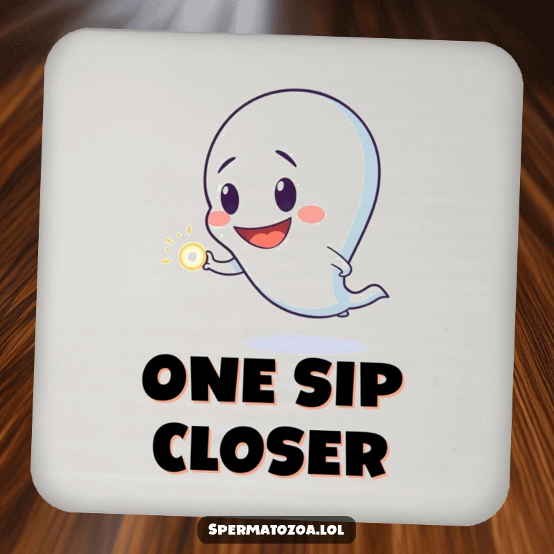 Funny drink coasters featuring a sperm character with a goofy grin, chasing a luminous dot, adding a touch of humor to beverage service.