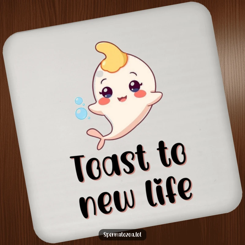 Funny sperm character coaster, floating with a bubble, protects surfaces from drink rings.