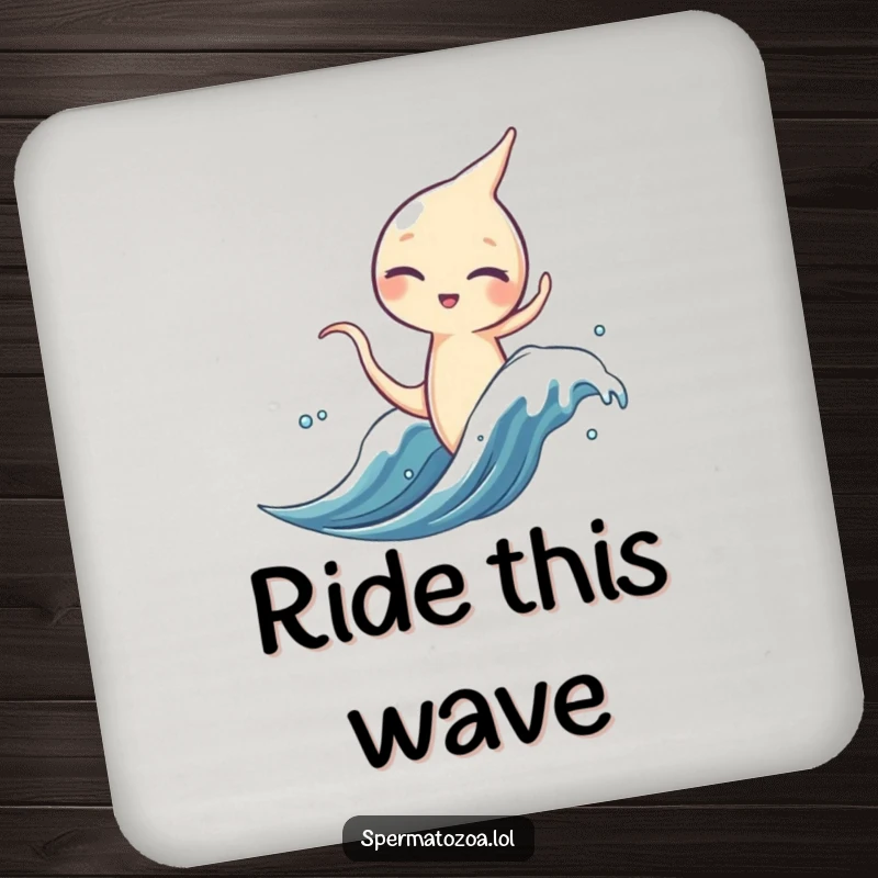 Funny sperm character coaster, winking while riding a microscopic wave, protects surfaces.