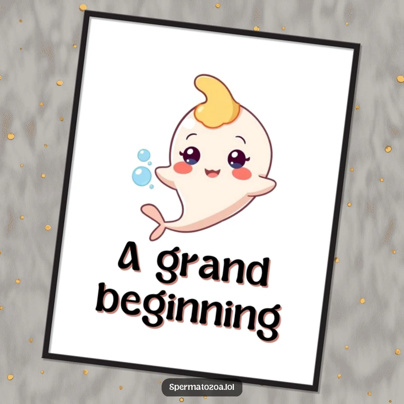 Funny sperm character poster, depicted floating happily with a small bubble, unique wall art.