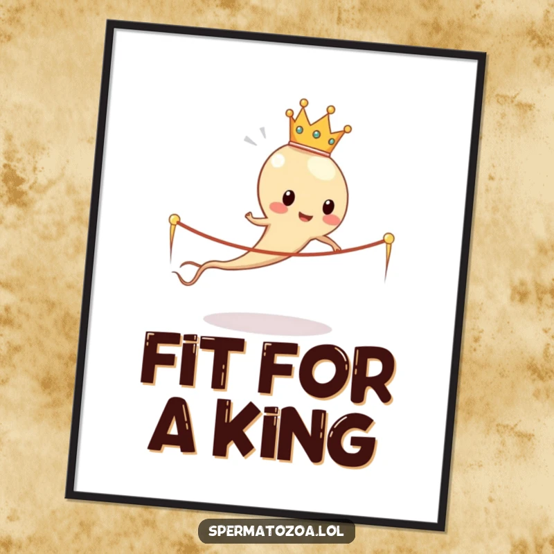 Funny sperm cell king in crown humorously skipping rope made of sperm tails, vibrant wall art for a humorous space.