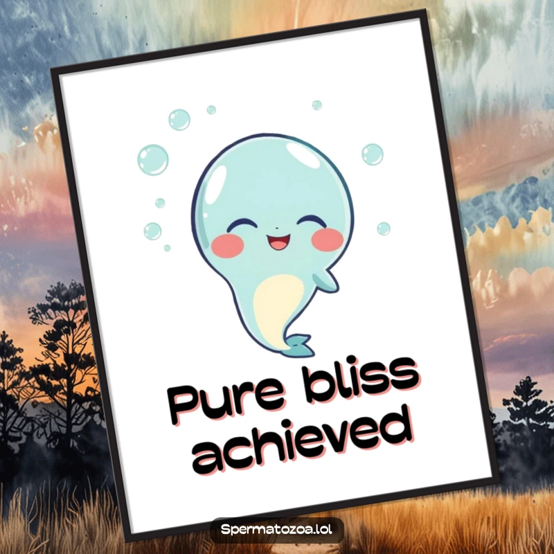 Funny poster of a sperm character immersed in happy giggles, surrounded by a gentle cloud of small, sparkling bubbles, conveying sheer delight.