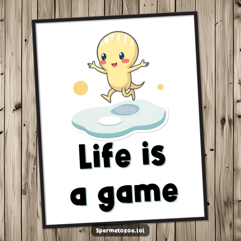 Funny Poster: A tiny sperm character plays hopscotch on abstract shapes, embodying playful energy and humor for vibrant wall art.