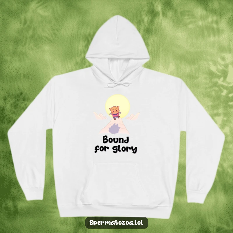 Funny hoodie featuring a character playfully bouncing towards a glowing destination, offering cozy comfort and inspiration.