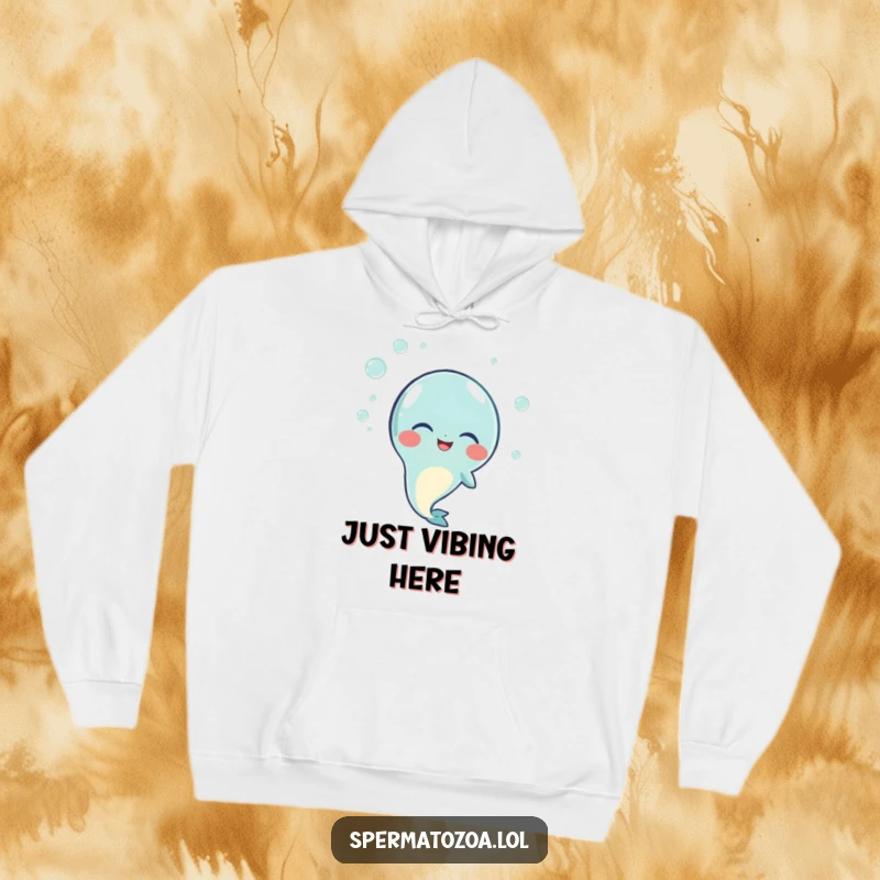 Funny hoodie depicting a sperm character in a state of happy giggles, surrounded by a halo of tiny, effervescent bubbles, cozy and amusing.