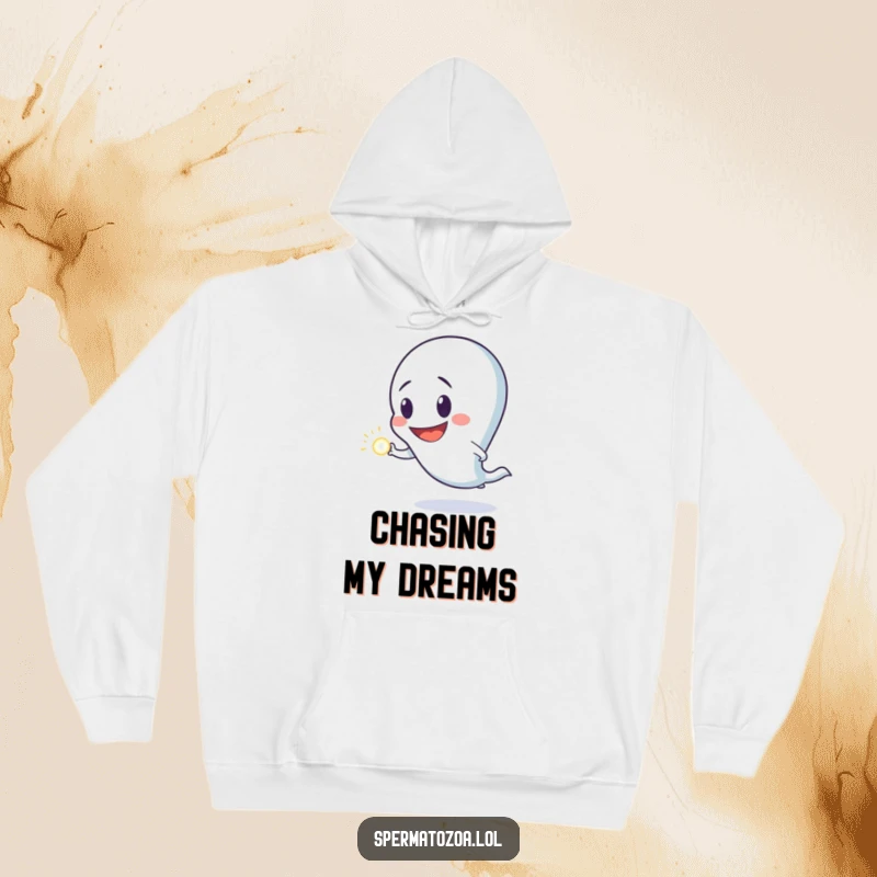 Funny hoodie showcasing a sperm character with a wide goofy grin, hilariously pursuing a radiant luminous dot, full of playful energy.