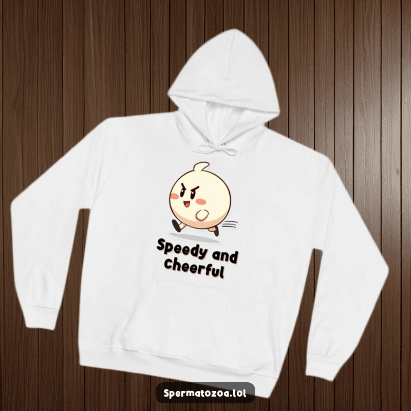 Funny hoodie featuring a small, round character zipping past with determination and cheer, offering cozy warmth.