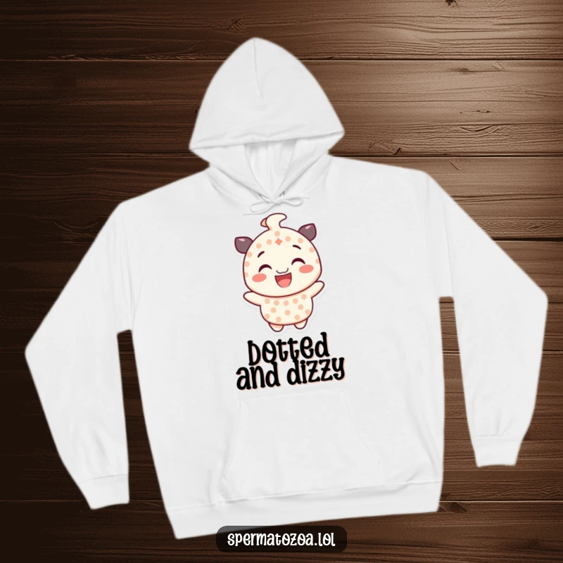 Funny dotted character hoodie, smiling and spinning with glee, cozy apparel radiating playful energy.