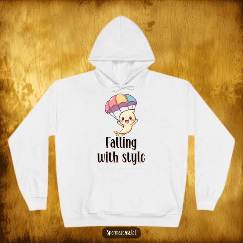 Funny tiny sperm character excitedly zooming with a parachute, printed on a cozy hoodie for adventurous comfort.