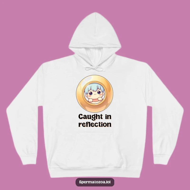 Funny Hoodie: Curious Character Peeking Behind Shiny Circle - Comfortable Funny Gift