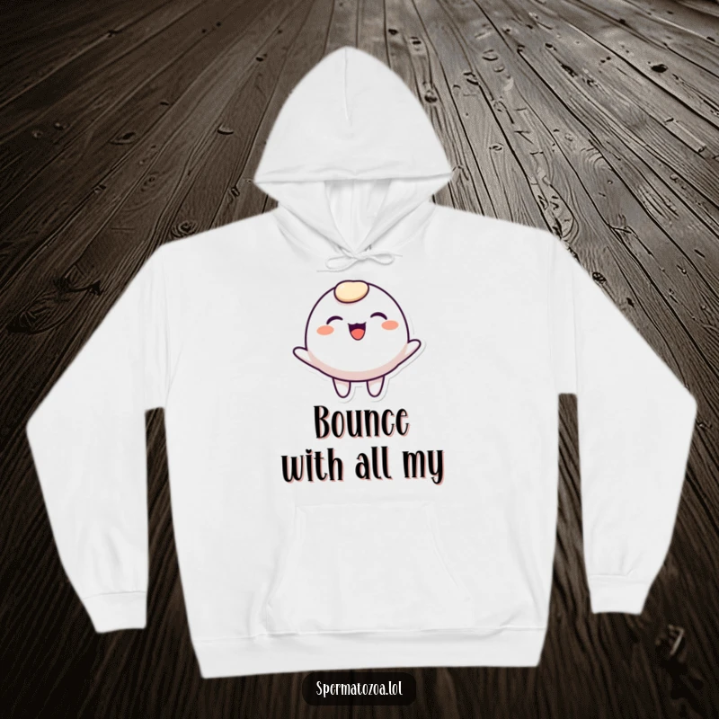 Funny rounded character hoodie, smiling broadly and bouncing with joy, cozy and humorous apparel.