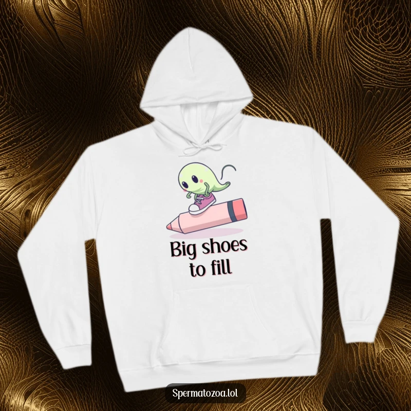 Funny sperm cell hoodie with oversized shoes tripping over a giant pink eraser, offering cozy humor about mishaps.