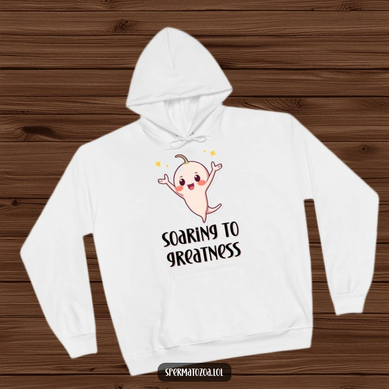 Funny Hoodie: A tiny sperm character performs an acrobatic celebratory flip, symbolizing potential and new life in a cozy, humorous design.