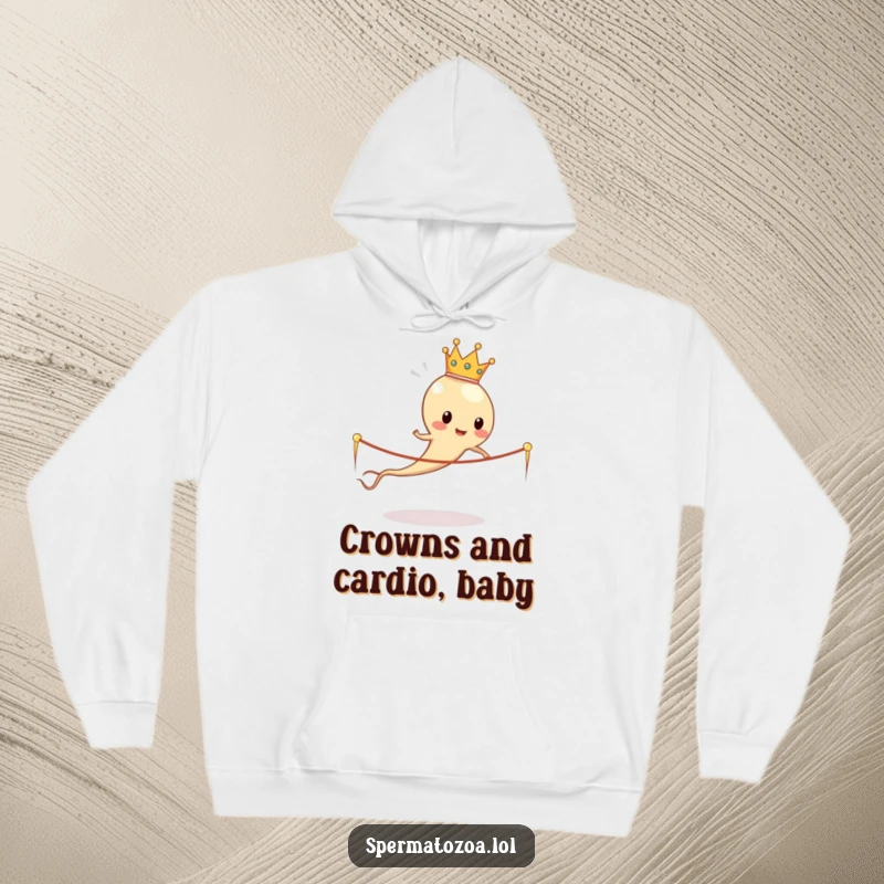 Funny sperm cell wearing a crown, hilariously skipping rope made of sperm tails, cozy hoodie for humorous comfort and gift.