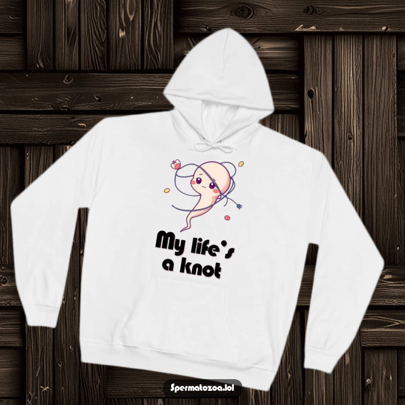 Funny sperm character hoodie, comically entangled in a microscopic strand, comfortable and relatable.