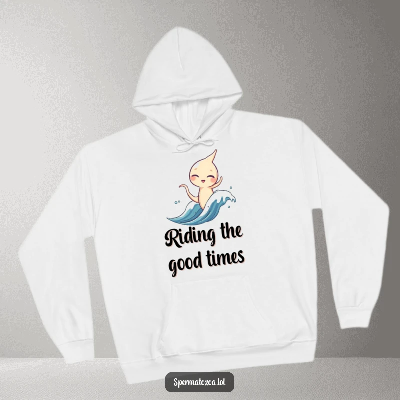 Funny sperm character hoodie, winking and surfing a microscopic wave, comfortable and adventurous.