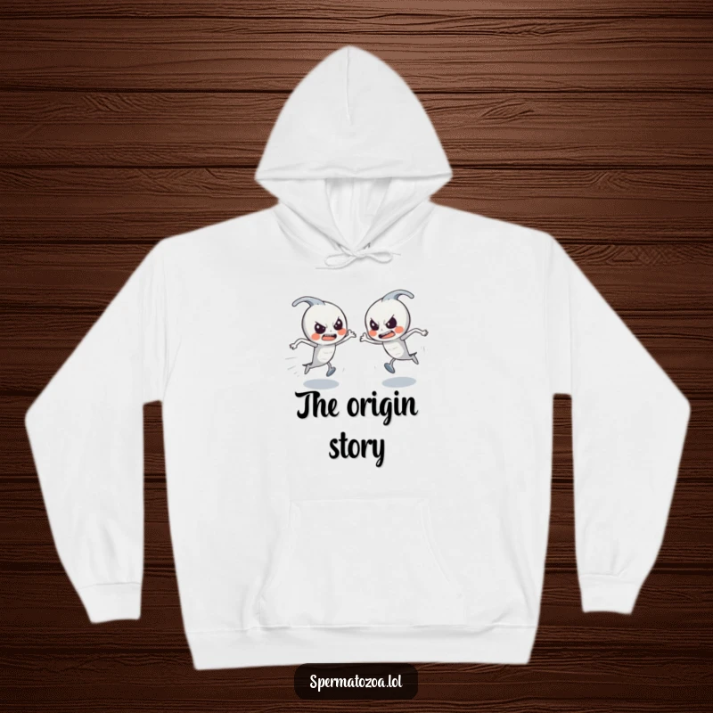 Funny Sperm Race Hoodie: Determined tiny sperm characters locked in a comical race, offering warmth and humor as a funny gift.
