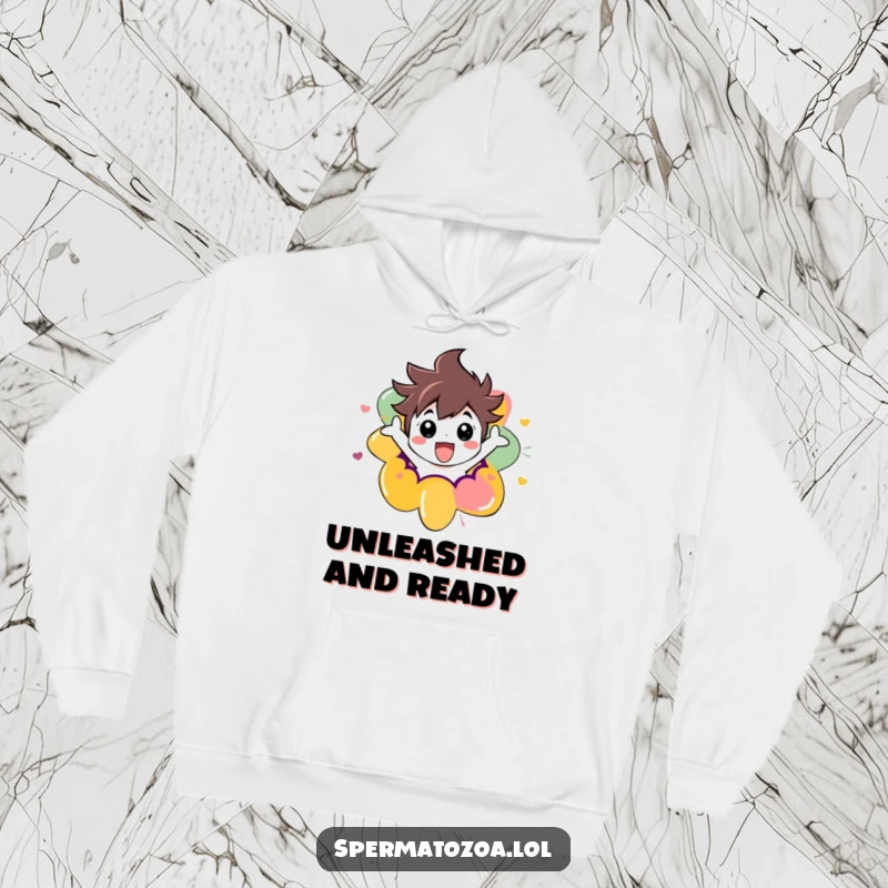 Funny hoodie featuring a dynamic character escaping a brightly colored, abstract shape with explosive energy, ideal for comfort and humor.