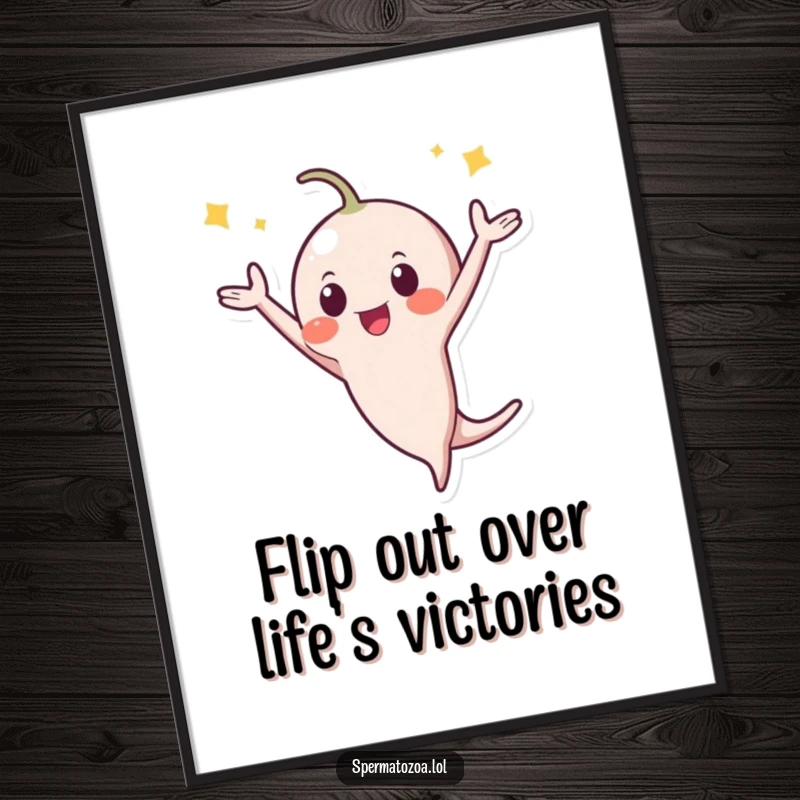 Funny Free Printable Wall Art of a tiny sperm character performing a dynamic celebratory flip against an abstract background.
