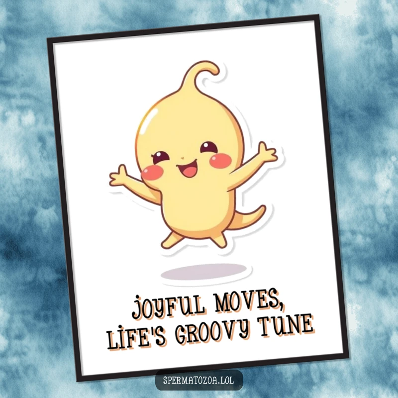 Funny Free Printable Sperm Dance Wall Art: A sperm character is captured mid-dance, radiating pure joy and celebratory energy.