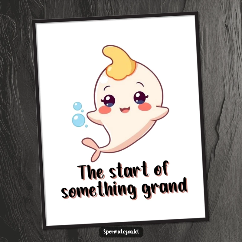 Funny Free Printable Wall Art: A happy sperm character floats with a tiny bubble, symbolizing life, beginnings, and a humorous perspective.