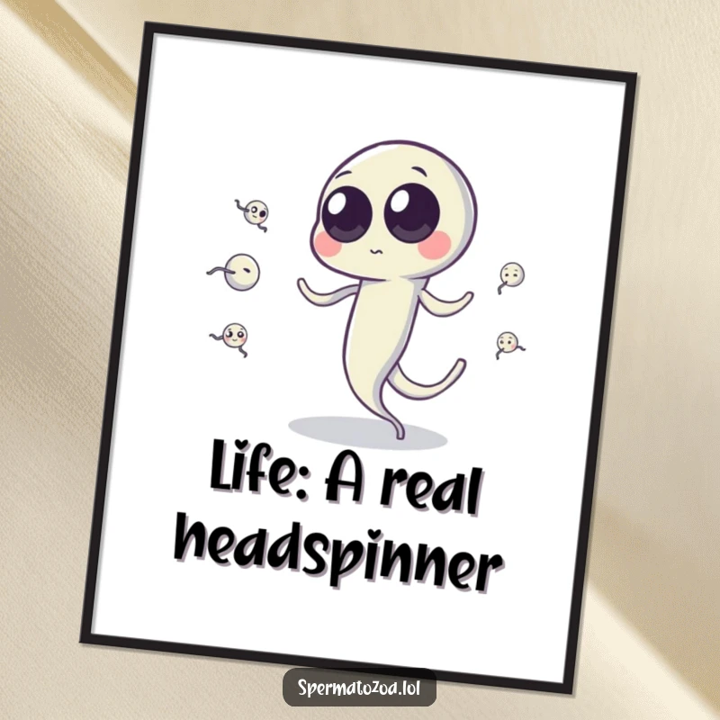 Funny free printable wall art of a sperm cell with googly eyes hilariously juggling tiny sperm cells with its agile tail.