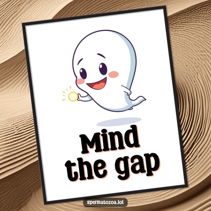 Funny free printable wall art featuring a sperm character with a huge grin on a quest for a bright dot.