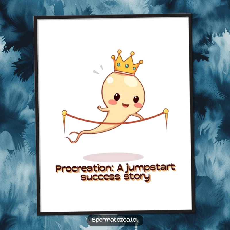 Funny Free Printable Wall Art: A sperm cell wearing a crown hilariously attempts to skip rope made of sperm tails.