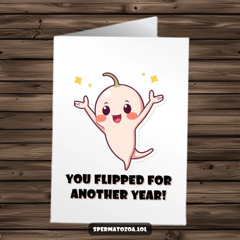 Funny Free Printable Birthday Card of a tiny sperm character performing an energetic celebratory flip with confetti.