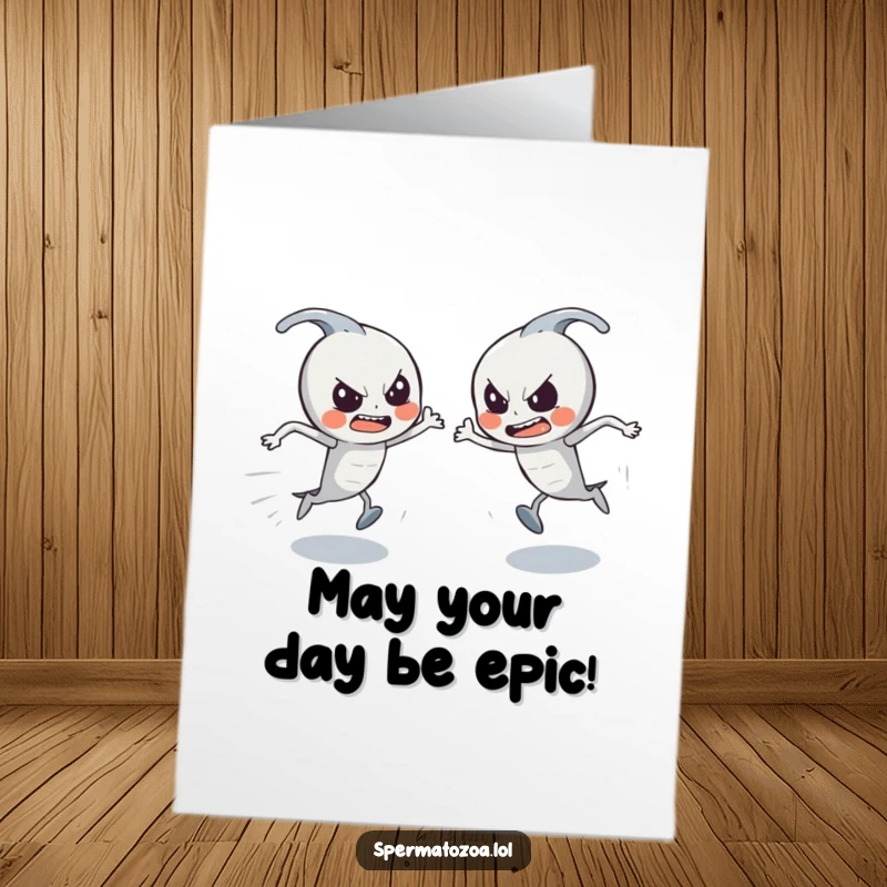 Funny Free Printable Birthday Card: Determined sperm characters in a hilarious race, ready to deliver birthday cheer.
