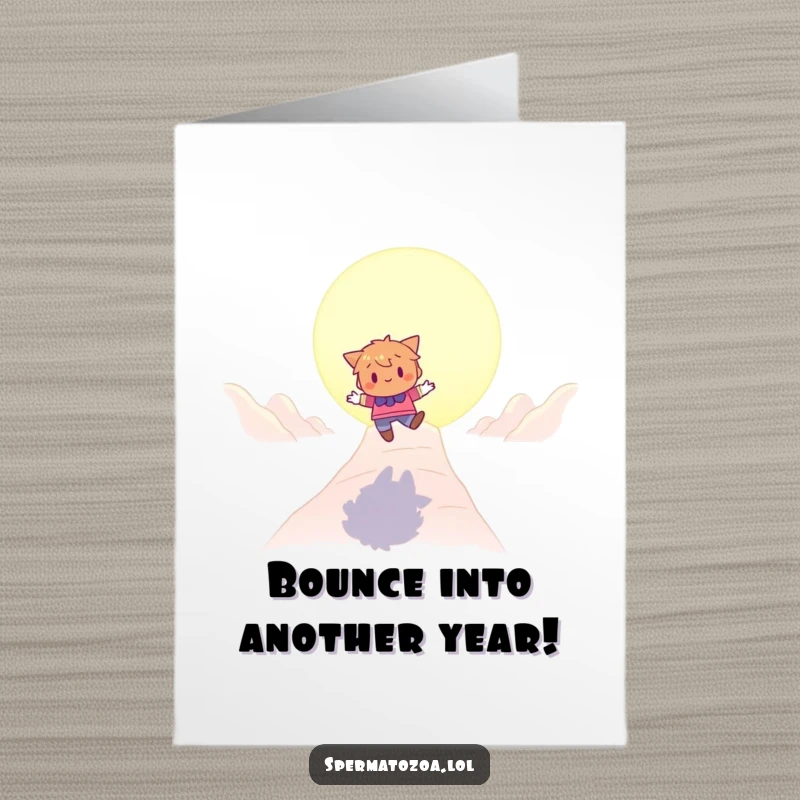 Funny Free Printable Bouncing Birthday Card: A character playfully bounces towards a large, glowing destination, celebrating your big day.
