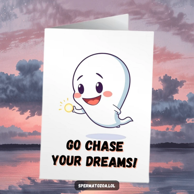 Funny free printable birthday card featuring a goofy sperm character joyfully chasing a glowing dot.