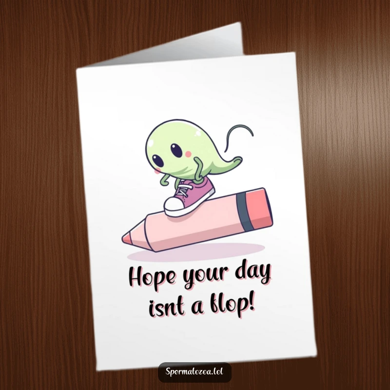 Funny free printable birthday card of a sperm cell in oversized shoes tripping over a giant pink eraser.