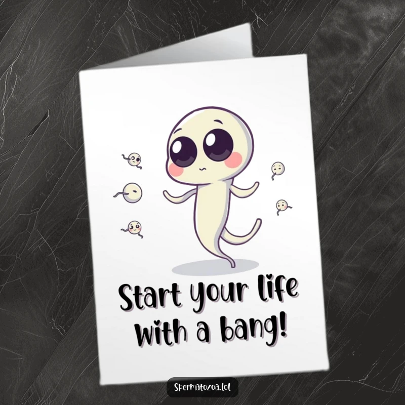 Funny free printable birthday card showing a googly-eyed sperm cell comically juggling smaller sperm cells with its energetic tail.