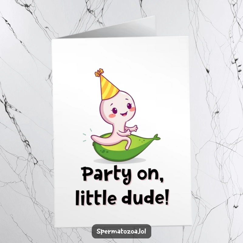 Funny free printable birthday card of a smiling sperm cell in a party hat, joyfully riding a rolling avocado.
