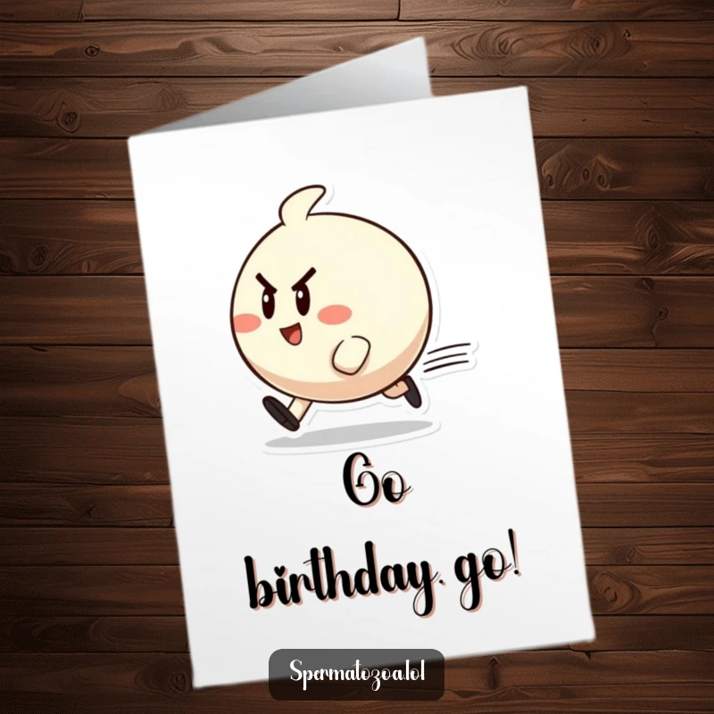 Funny Free Printable Speedy Birthday Card: A small, round character zips past cheerfully, delivering birthday wishes at top speed.