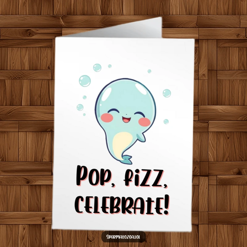 Funny free printable birthday card showing a sperm character giggling amidst playful small bubbles.