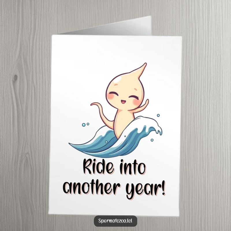 Funny Free Printable Birthday Card: A sperm character winks playfully while expertly riding a tiny microscopic wave, full of confidence.