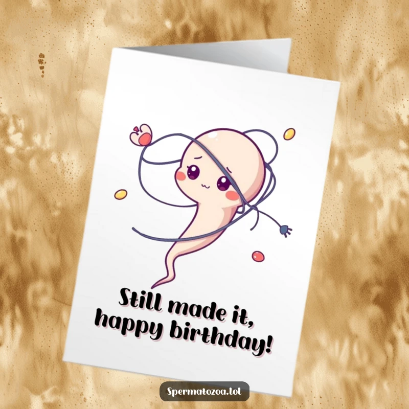 Funny Free Printable Birthday Card: A sperm character is comically stuck and tangled in a tiny microscopic strand, looking flustered.