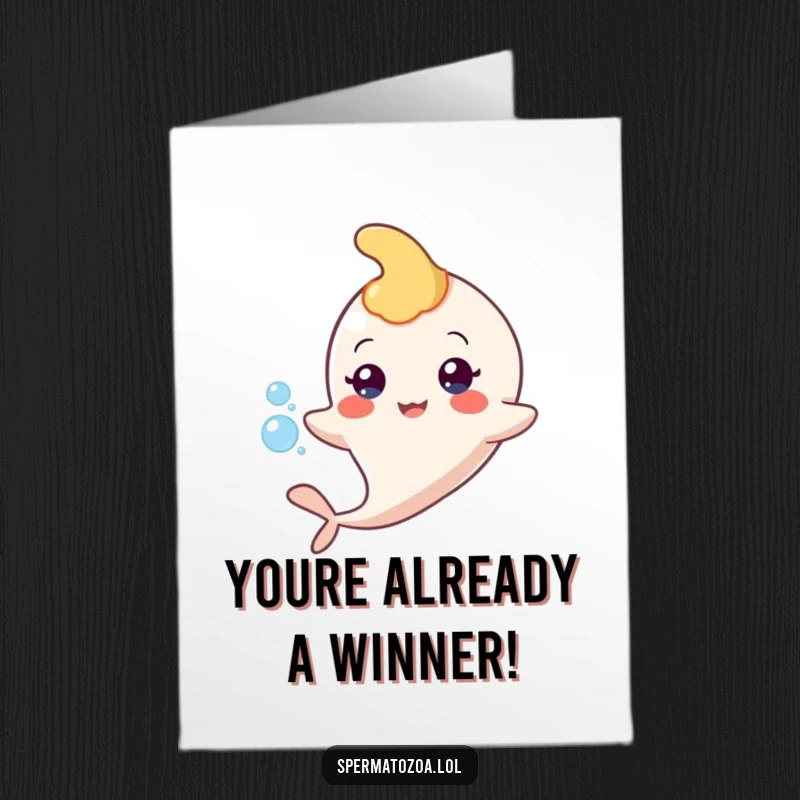 Funny Free Printable Birthday Card: A single sperm character with a happy expression floats joyfully, accompanied by a small bubble.