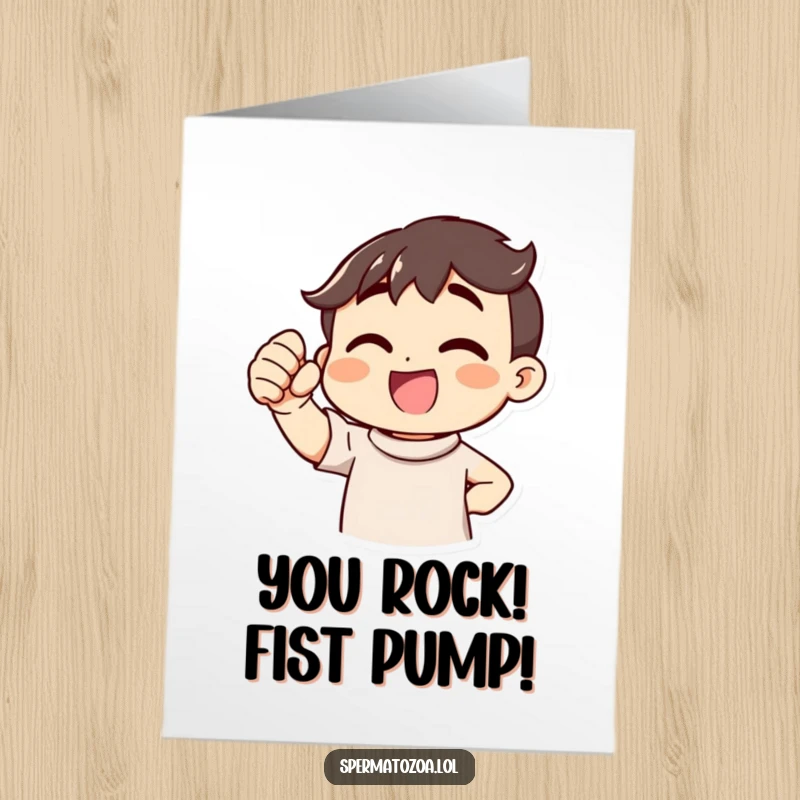 Funny Free Printable Congratulations Card: A character with a blush, pumping a fist with pure joy for a remarkable achievement.