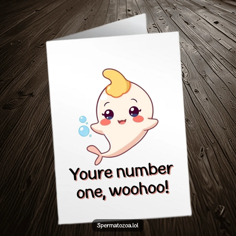 Free Printable Congratulations Card: A happy sperm character floats with a tiny bubble, symbolizing a successful journey and new beginnings.