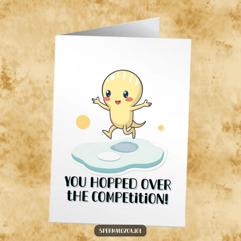 Funny Free Printable Congratulations Card of a tiny sperm character playing hopscotch, moving from one abstract shape to another.