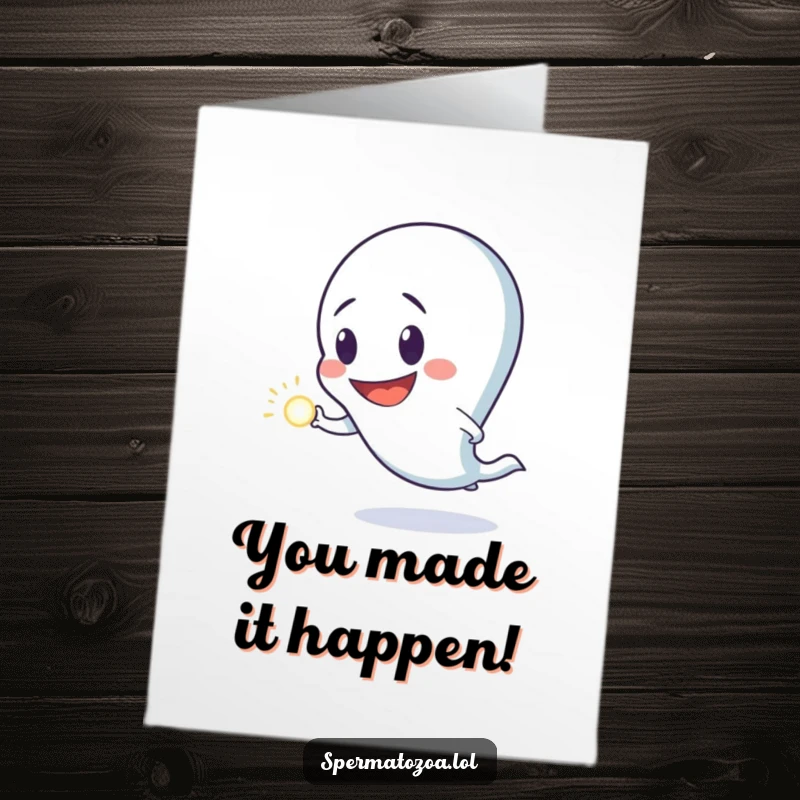 Funny free printable congratulations card showing a sperm character with a goofy grin chasing a luminous dot.