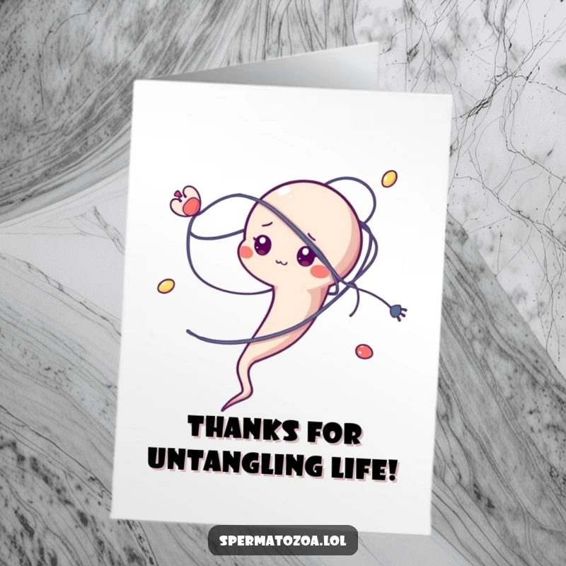 Funny Free Printable Thank You Card: A sperm character is comically entangled in a microscopic strand, perfect for thanking someone who helped.