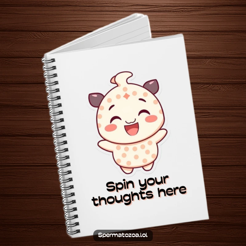 Funny dotted character notebook, smiling and spinning gleefully, perfect for jotting down energetic and humorous notes.