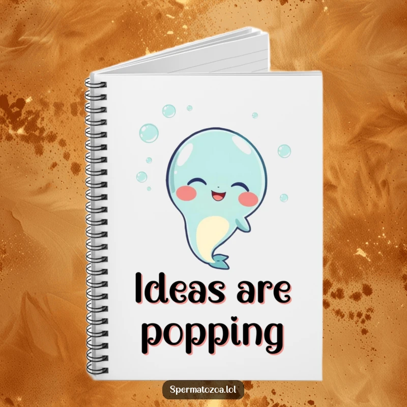 Funny notebook cover with a sperm character in a fit of giggles, surrounded by small bubbles, representing happy thoughts.