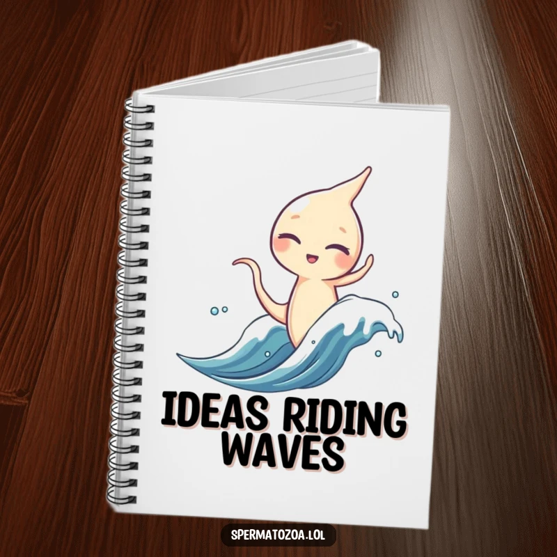 Funny sperm character notebook cover, winking and surfing a microscopic wave, ideal for writing.