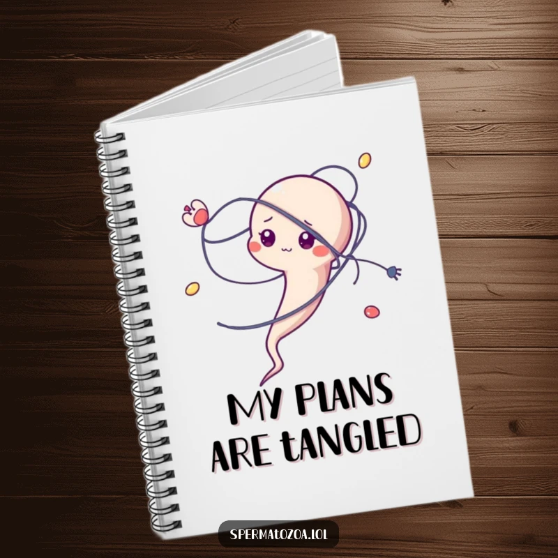 Funny sperm character notebook cover, comically tangled in a microscopic strand, useful for writing.