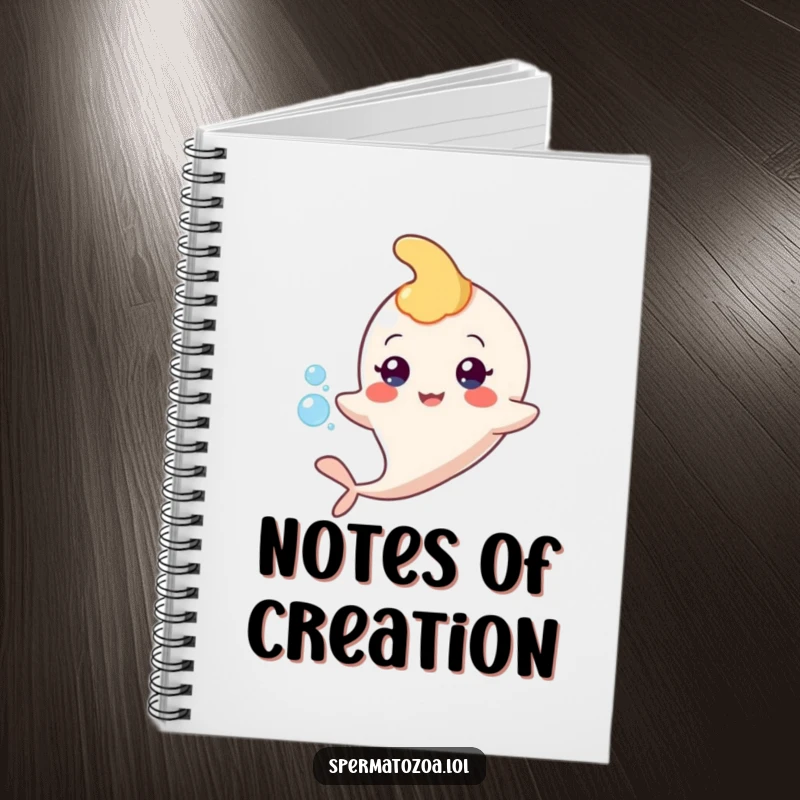 Funny sperm character notebook cover, floating with a bubble, ideal for jotting down thoughts.